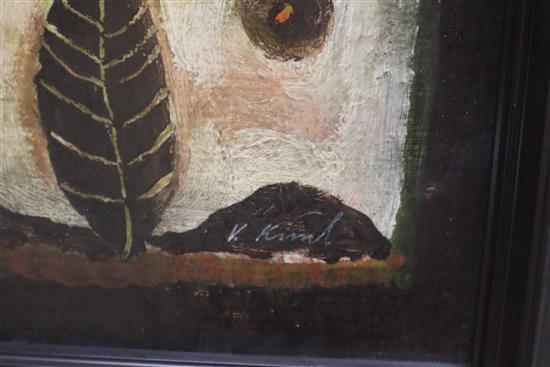 V. Kimil, oil on canvas board, Abstract with leaves and fruit, signed, 48 x 38cm